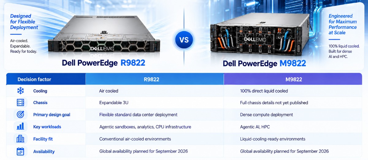 Dell PowerEdge R9822 vs M9822 comparison showing the R9822 as air-cooled and flexible, while the M9822 uses direct liquid cooling for dense AI and HPC workloads.