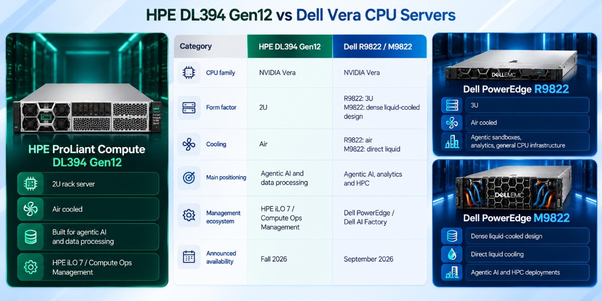 HPE DL394 Gen12 vs Dell PowerEdge R9822 and M9822 comparison covering NVIDIA Vera CPU, form factor, cooling, workloads, management, and availability.