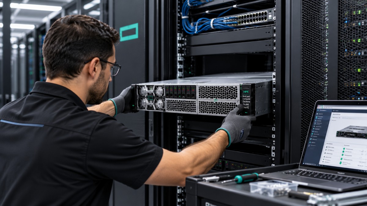 Technician installing an HPE ProLiant DL394 Gen12 server in a data center rack, illustrating deployment and infrastructure support.