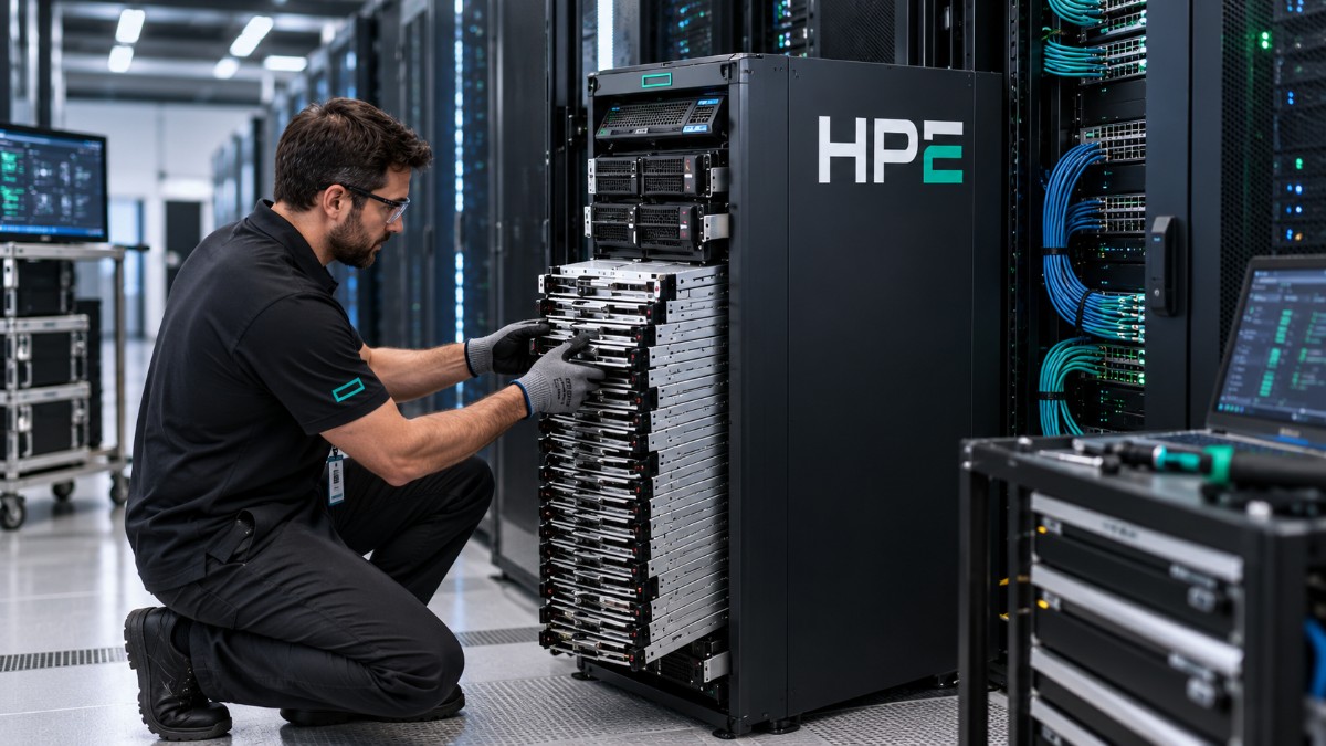 Technician servicing an HPE XD700 AI system in a data center, illustrating enterprise deployment, infrastructure integration, and ongoing support.