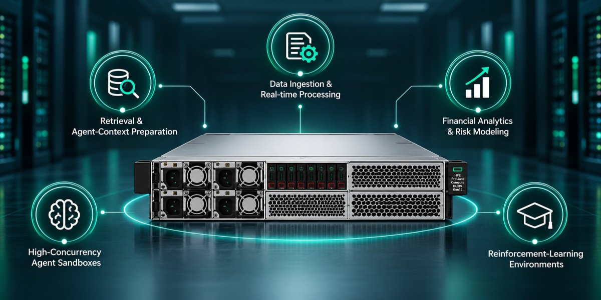 HPE ProLiant Compute DL394 Gen12 server shown with key AI workloads, including agent sandboxes, data ingestion, financial analytics, reinforcement learning, and retrieval.