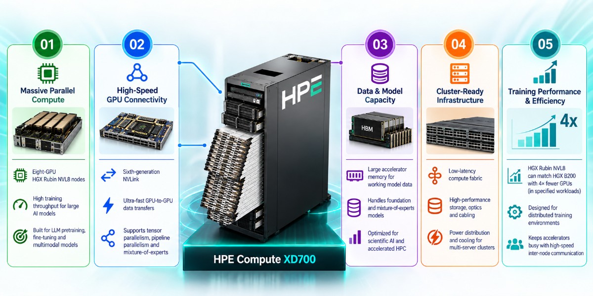 HPE XD700 AI training architecture highlighting massive parallel compute, high-speed GPU connectivity, large model capacity, cluster-ready infrastructure, and optimized training performance.