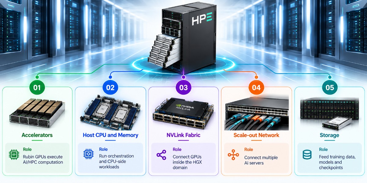 HPE XD700 AI system architecture showing accelerators, host CPU and memory, NVLink fabric, scale-out networking, and storage for AI and HPC workloads.