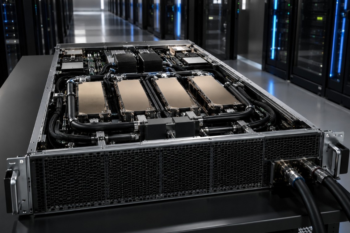 Vera Rubin NVL4 server with its chassis open, showing four large GPU modules and liquid-cooling tubes inside, positioned in a modern data center with server racks in the background.