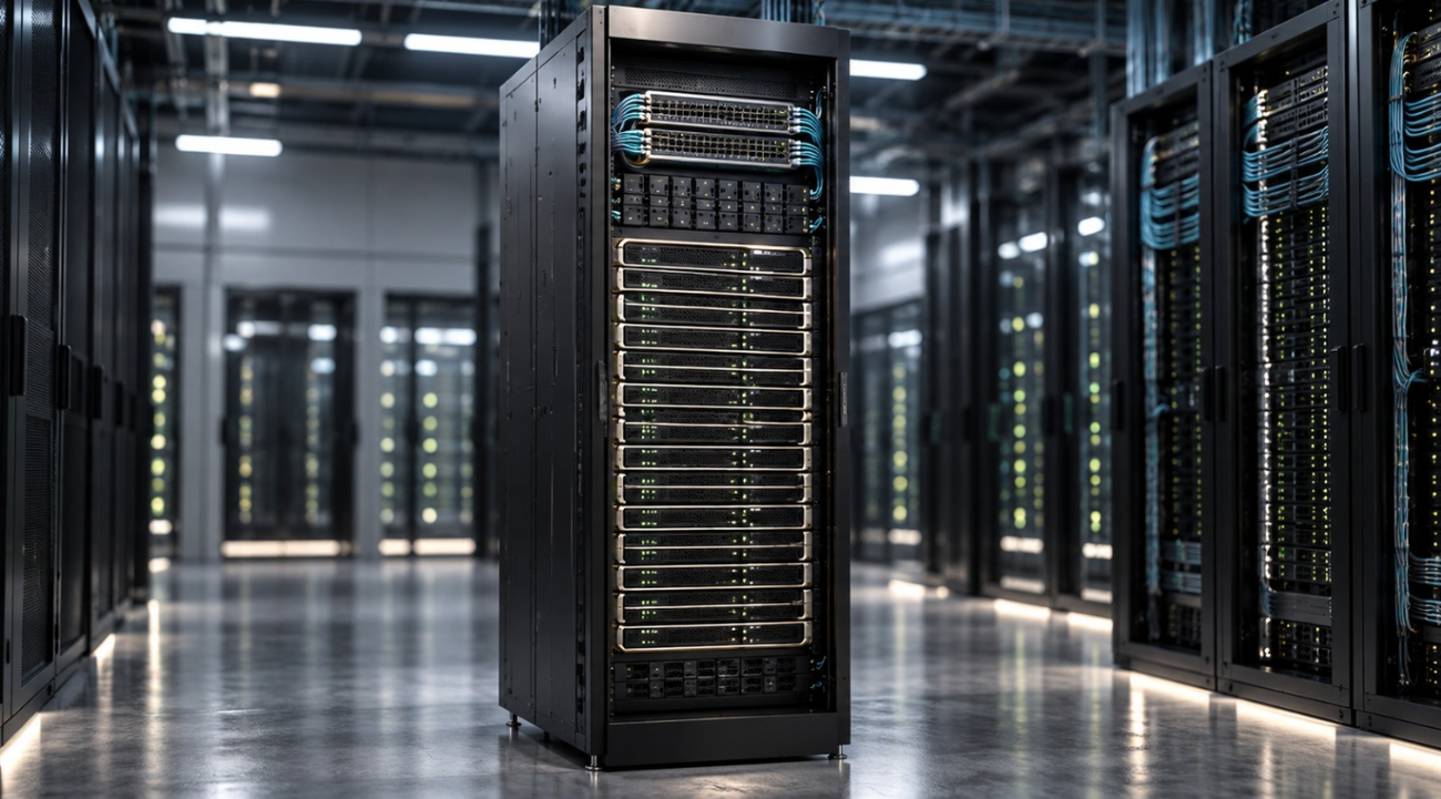 Vera Rubin NVL72 rack-scale AI system in a modern data center, showing a central server rack filled with networking and compute hardware, surrounded by rows of connected racks and blue cabling.