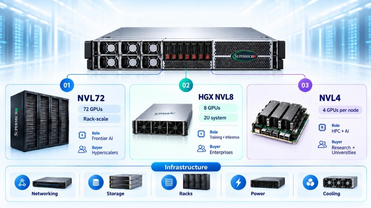 Infographic titled “What Are Supermicro Vera Rubin Systems?” showing a Supermicro server and three system configurations: NVL72 with 72 GPUs for rack-scale frontier AI, HGX NVL8 with 8 GPUs in a 2U system for enterprise training and inference, and NVL4 with 4 GPUs per node for HPC and AI research.