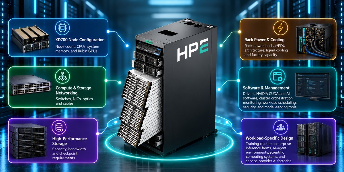 Premium HPE Compute XD700 data-center infographic showing a central HPE server tower surrounded by six connected callouts for node configuration, compute and storage networking, high-performance storage, rack power and cooling, software and management, and workload-specific design.