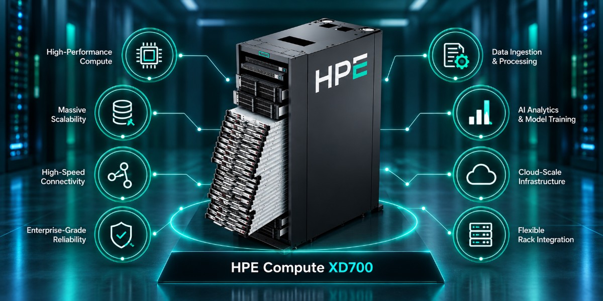 HPE Compute XD700 system highlighting high-performance compute, scalability, high-speed connectivity, AI analytics, data processing, cloud-scale infrastructure, and rack integration.
